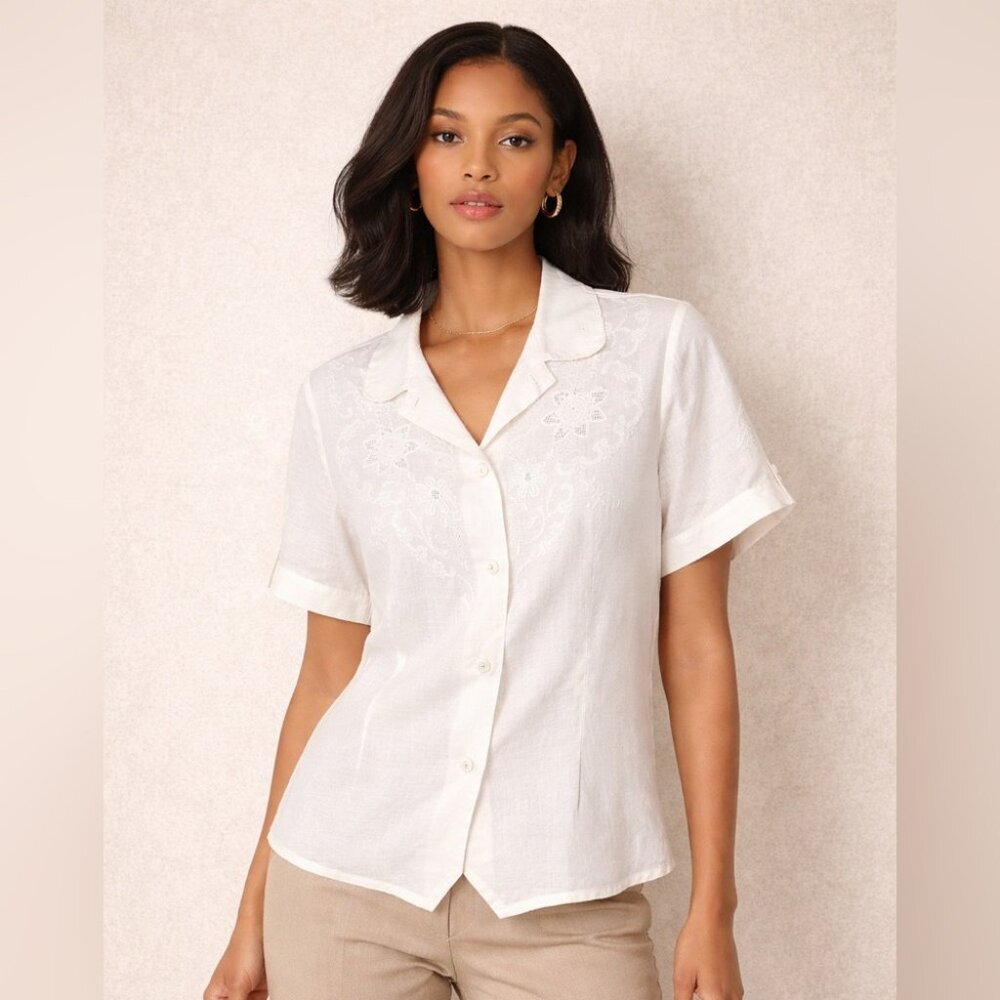 Vintage Ivory Linen Embroidered Button Blouse XL Short Sleeve Summer Cottagecore